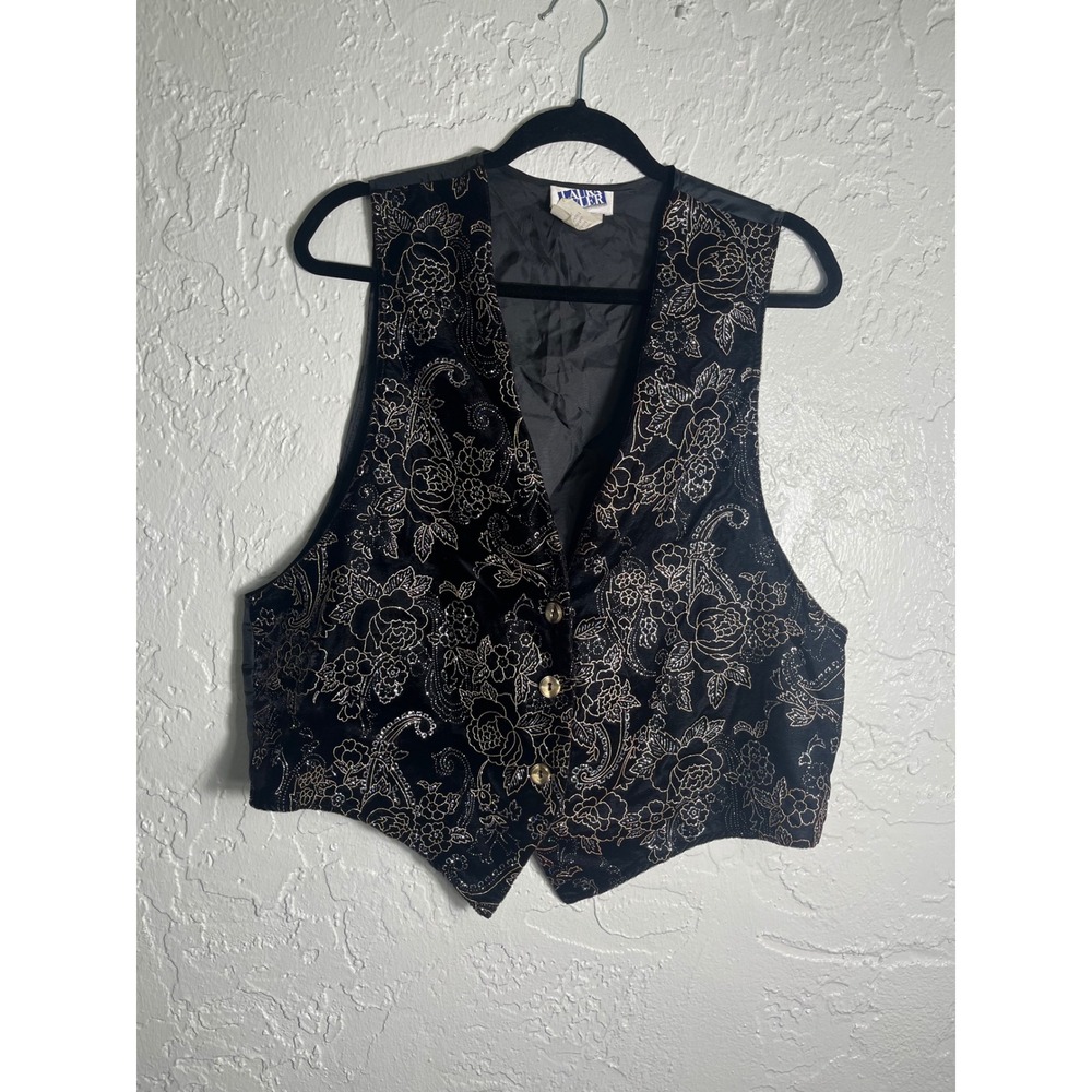 Laura Tyler Vintage Black Velvet Gold Metallic Floral Paisley Vest Large Womens
